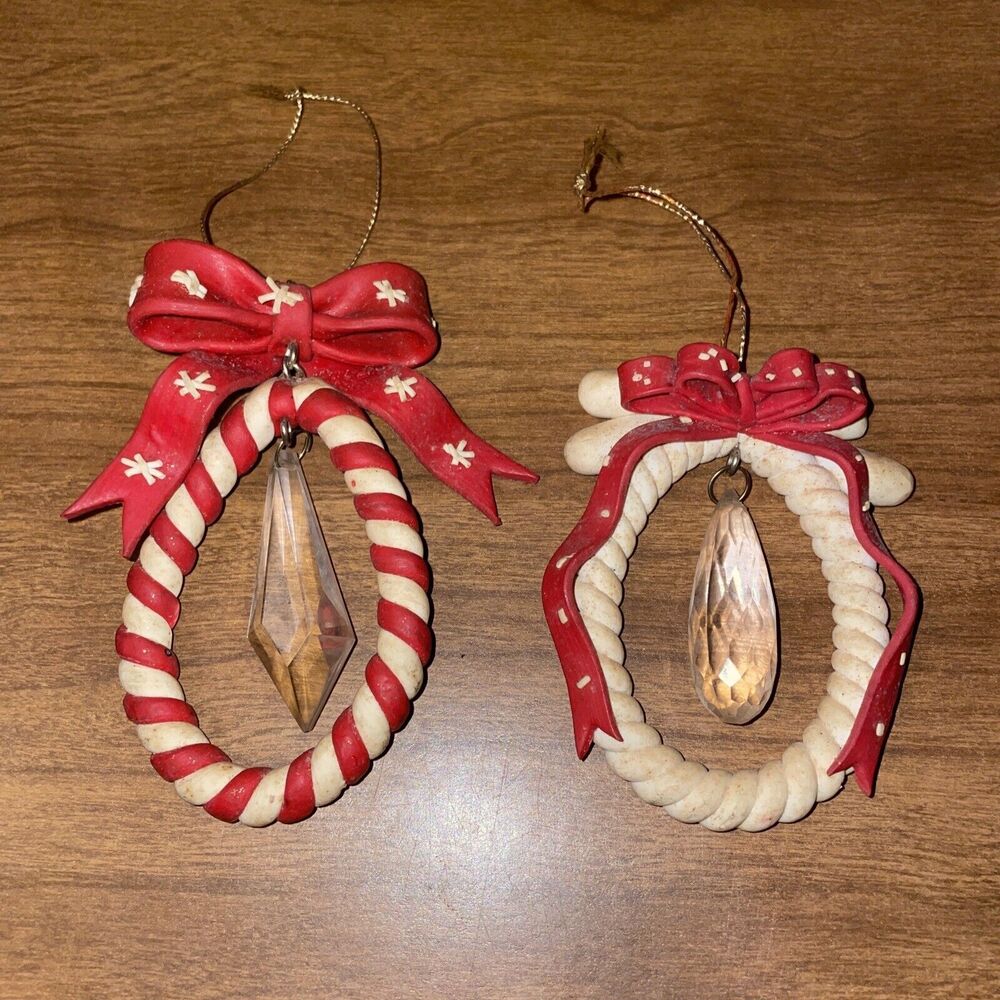 Pair Christmas Ornament Ribbon Bow Red White Wreath Faux Crystal Pendant
